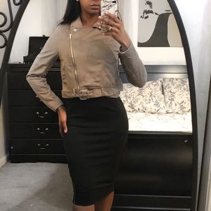 Beige Cropped Suede Biker Jacket